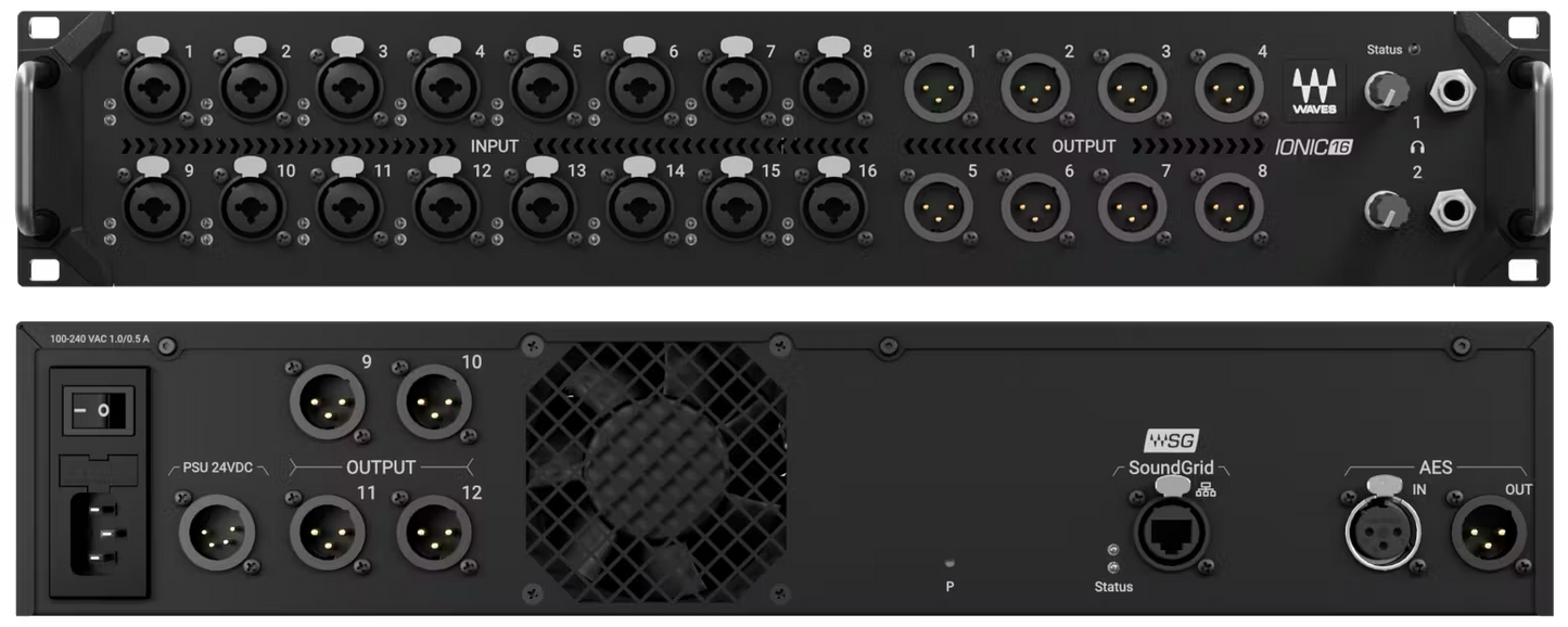 Waves Ionic 16 SoundGrid stagebox front view with 16 mic preamps and 12 outputs