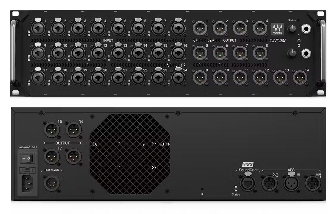 Waves Ionic 24 SoundGrid stagebox front view with 24 mic preamps and 18 outputs