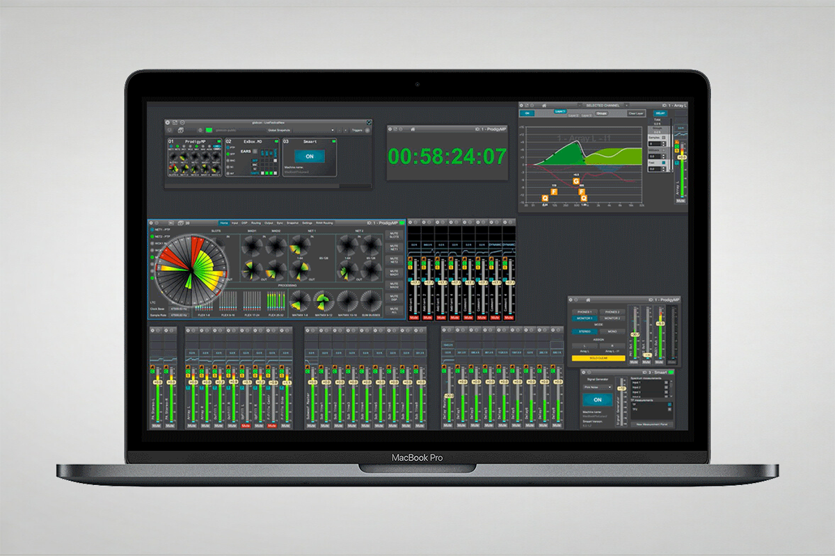 DirectOut globcon remote control software running on a MacBook for monitoring and configuring DirectOut devices