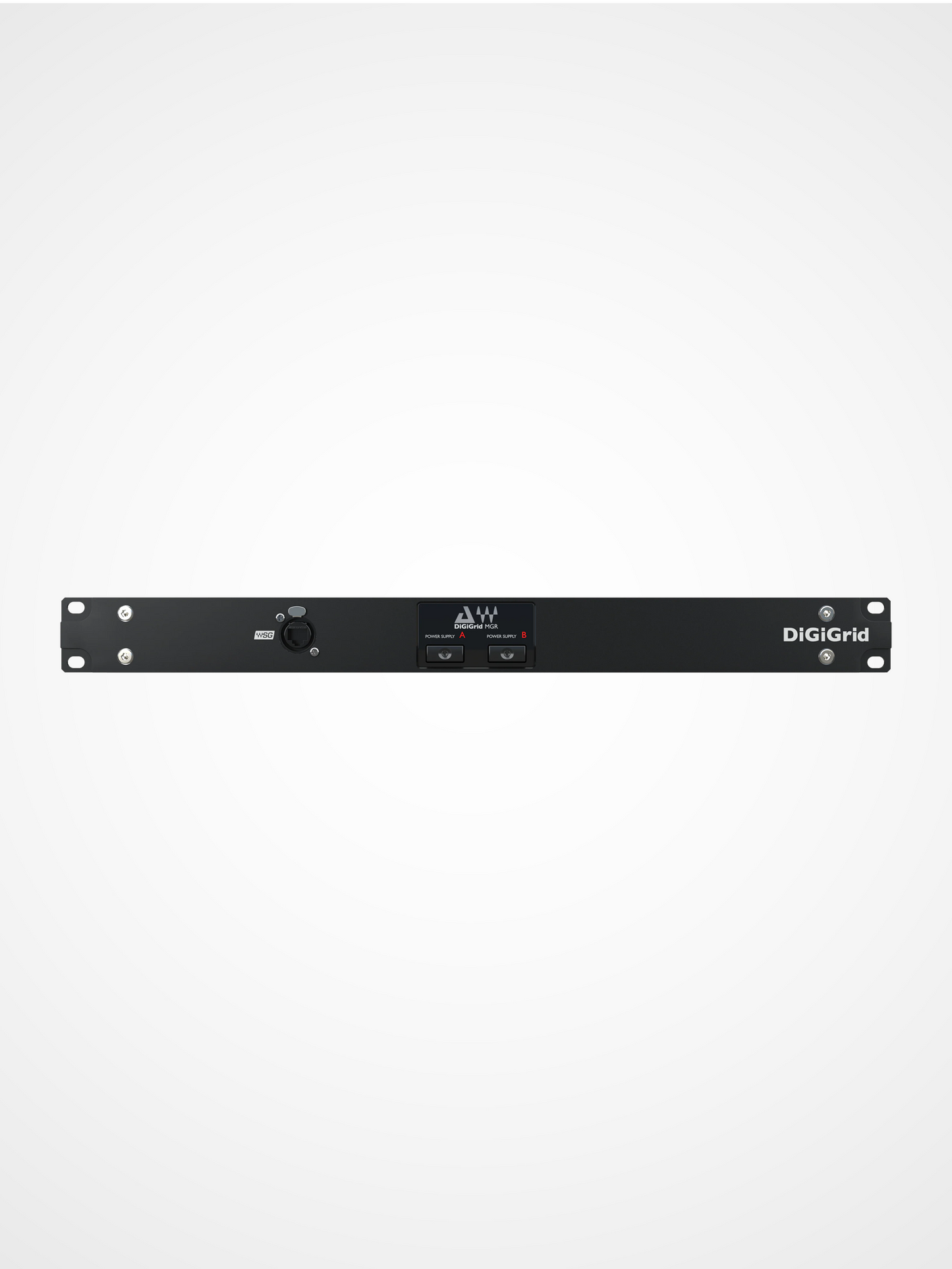 DiGiGrid MGR Quad MADI to SoundGrid interface front view with redundant power supplies for live sound and broadcast audio systems