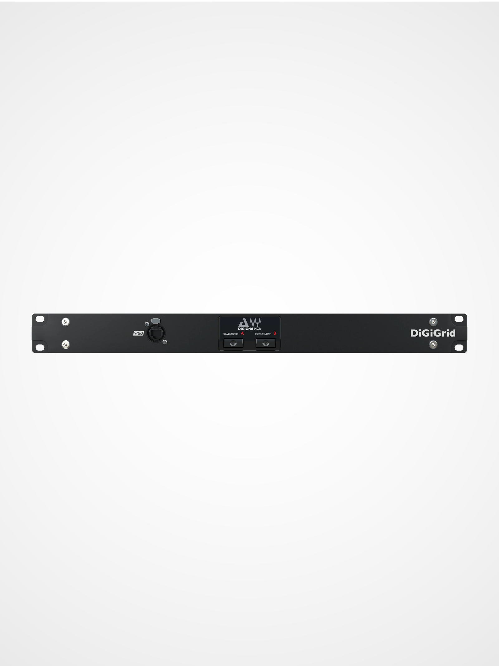 DiGiGrid MGR Quad MADI to SoundGrid interface front view with redundant power supplies for live sound and broadcast audio systems