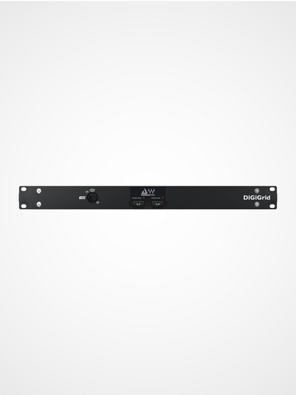DiGiGrid MGR Quad MADI to SoundGrid interface front view with redundant power supplies for live sound and broadcast audio systems