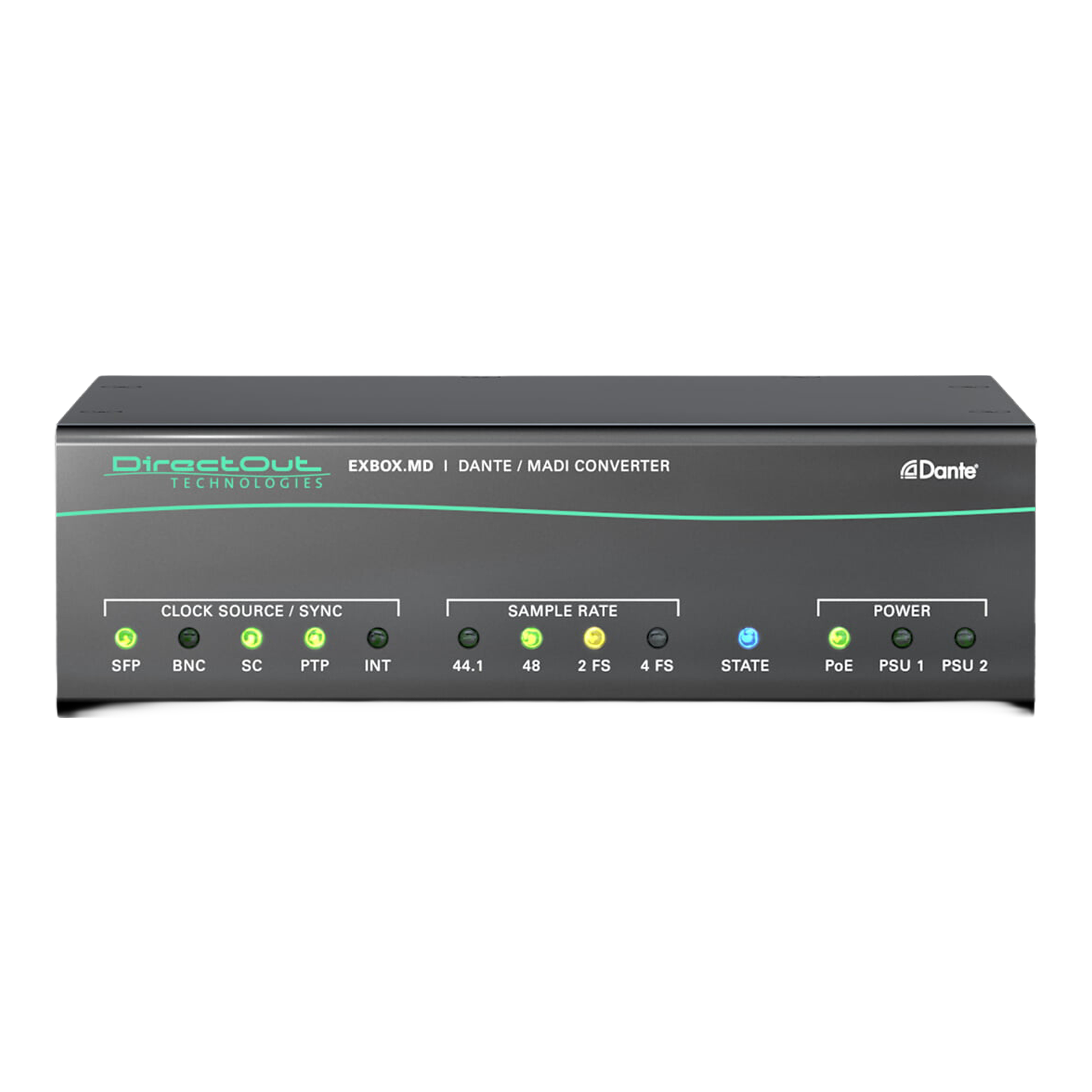 DirectOut EXBOX.MD Dante to MADI converter supporting 64 channel audio networking for live sound and broadcast systems