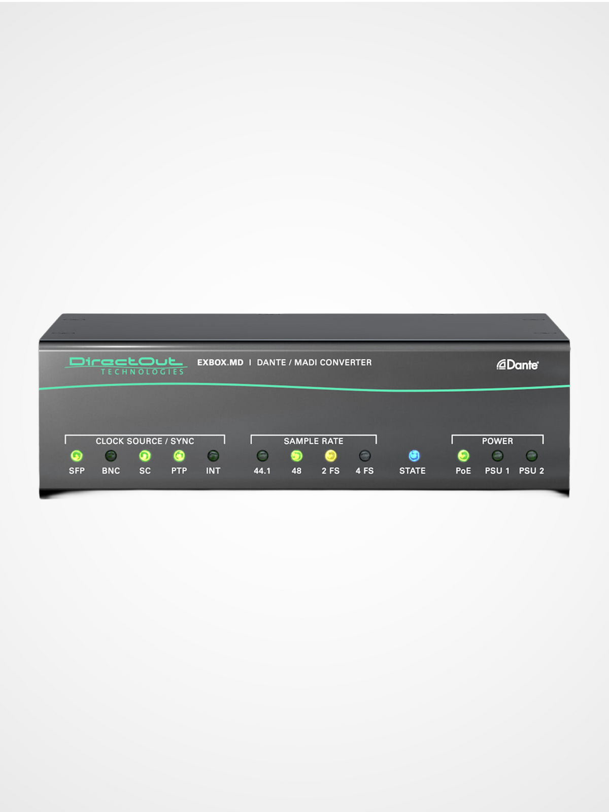 DirectOut EXBOX.MD front view Dante to MADI audio converter for live sound and broadcast systems