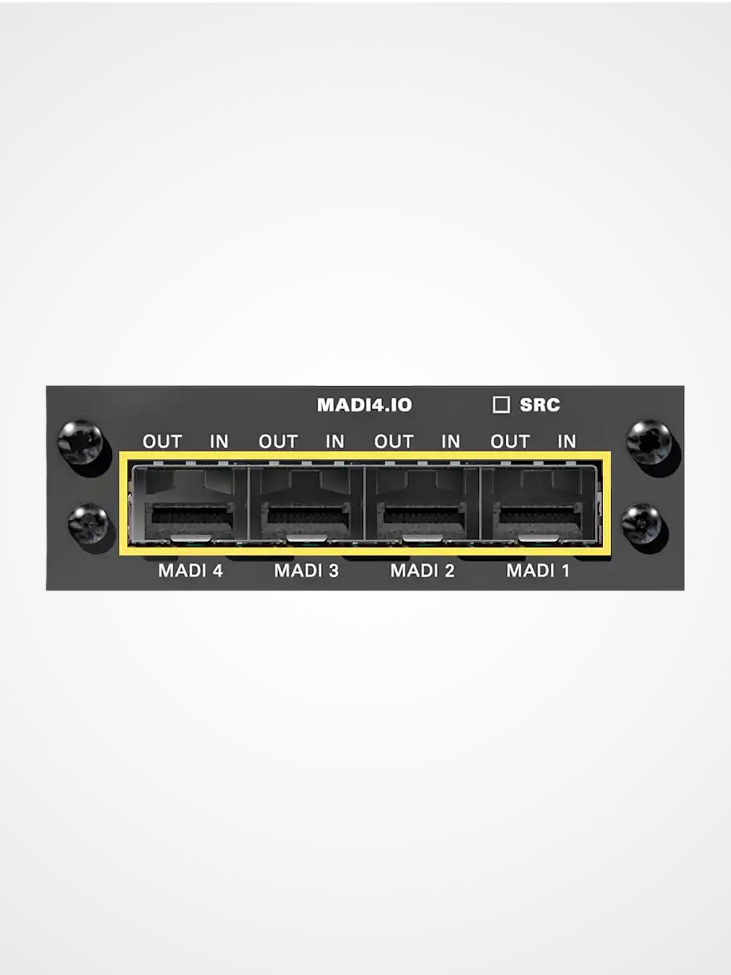 DirectOut MADI4 I/O module with four MADI ports supporting 256 channel audio networking for large-scale systems
