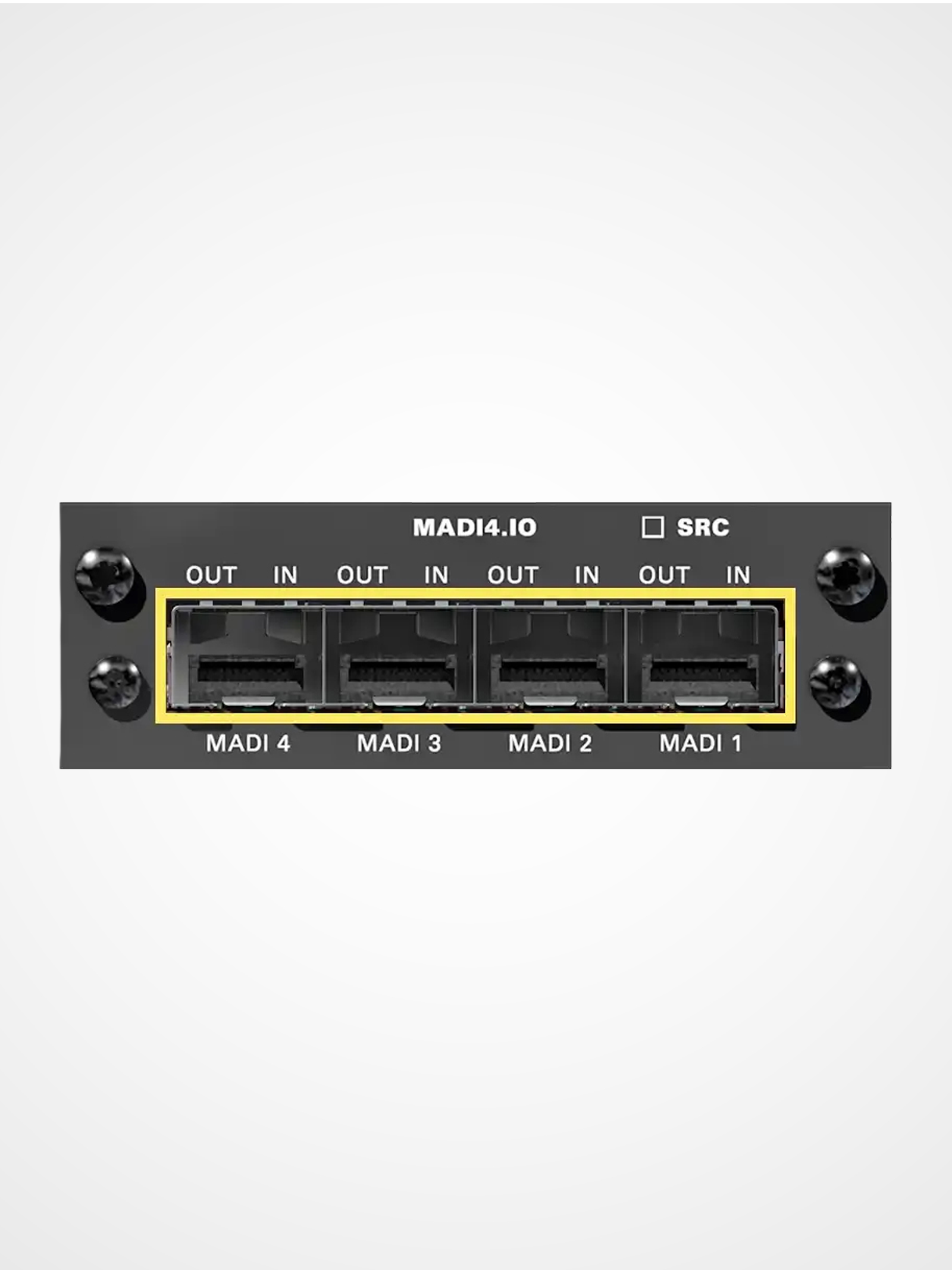 DirectOut MADI4 I/O module with four MADI ports supporting 256 channel audio networking for large-scale systems