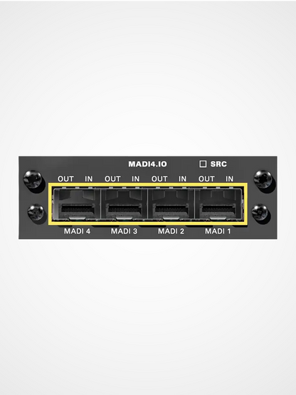 DirectOut MADI4 I/O module with four MADI ports supporting 256 channel audio networking for large-scale systems