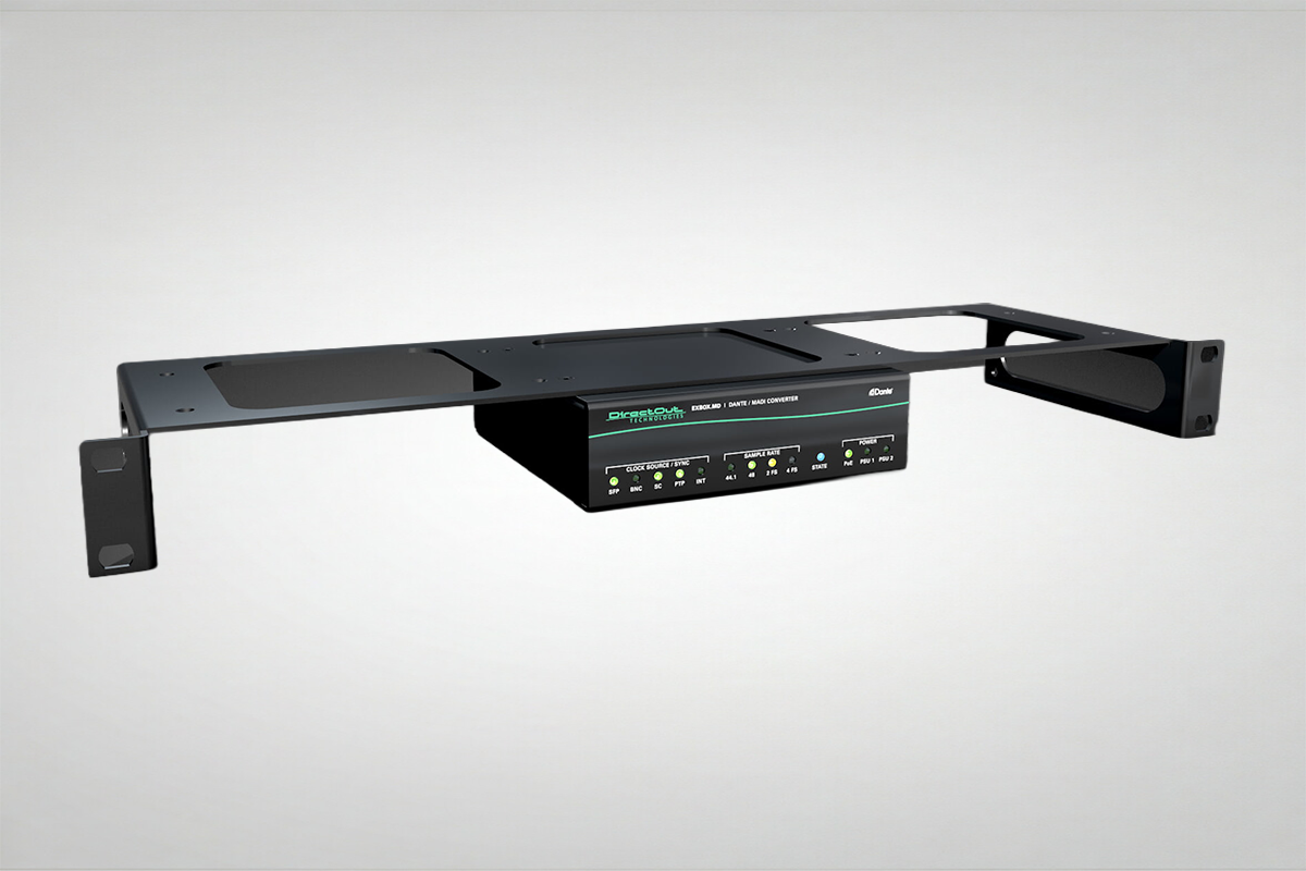 DirectOut EXBOX.MD Dante to MADI converter mounted in a 19 inch 1U rack using BOXMOUNT.XL