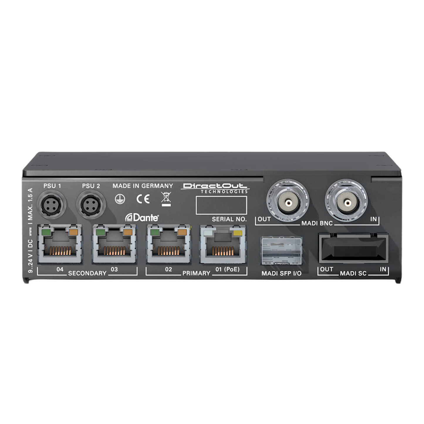 DirectOut EXBOX.MD used as a Dante to MADI network interface in live sound and touring audio systems