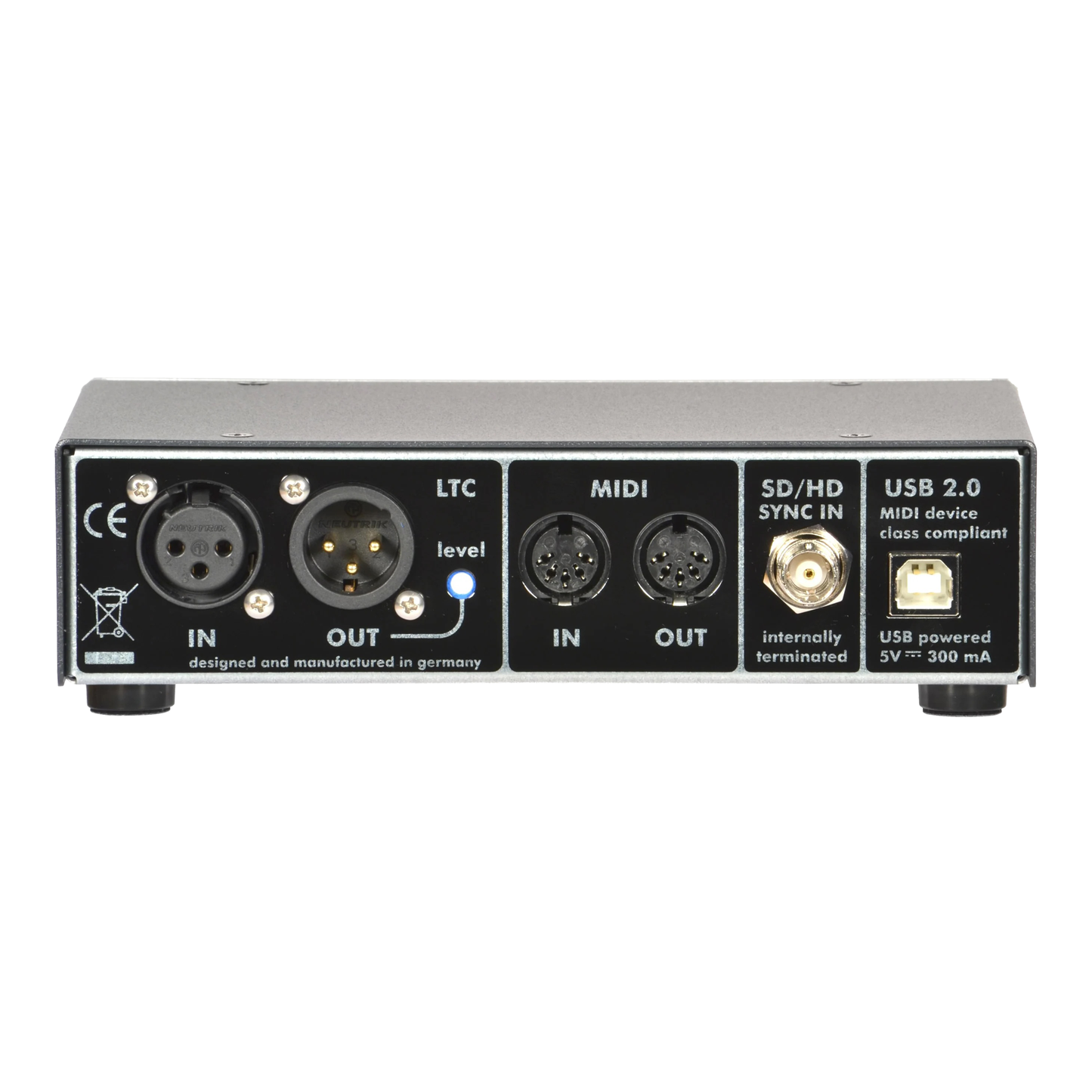 Rosendahl MIF4 rear panel showing LTC XLR MIDI USB and video sync input for professional timecode systems