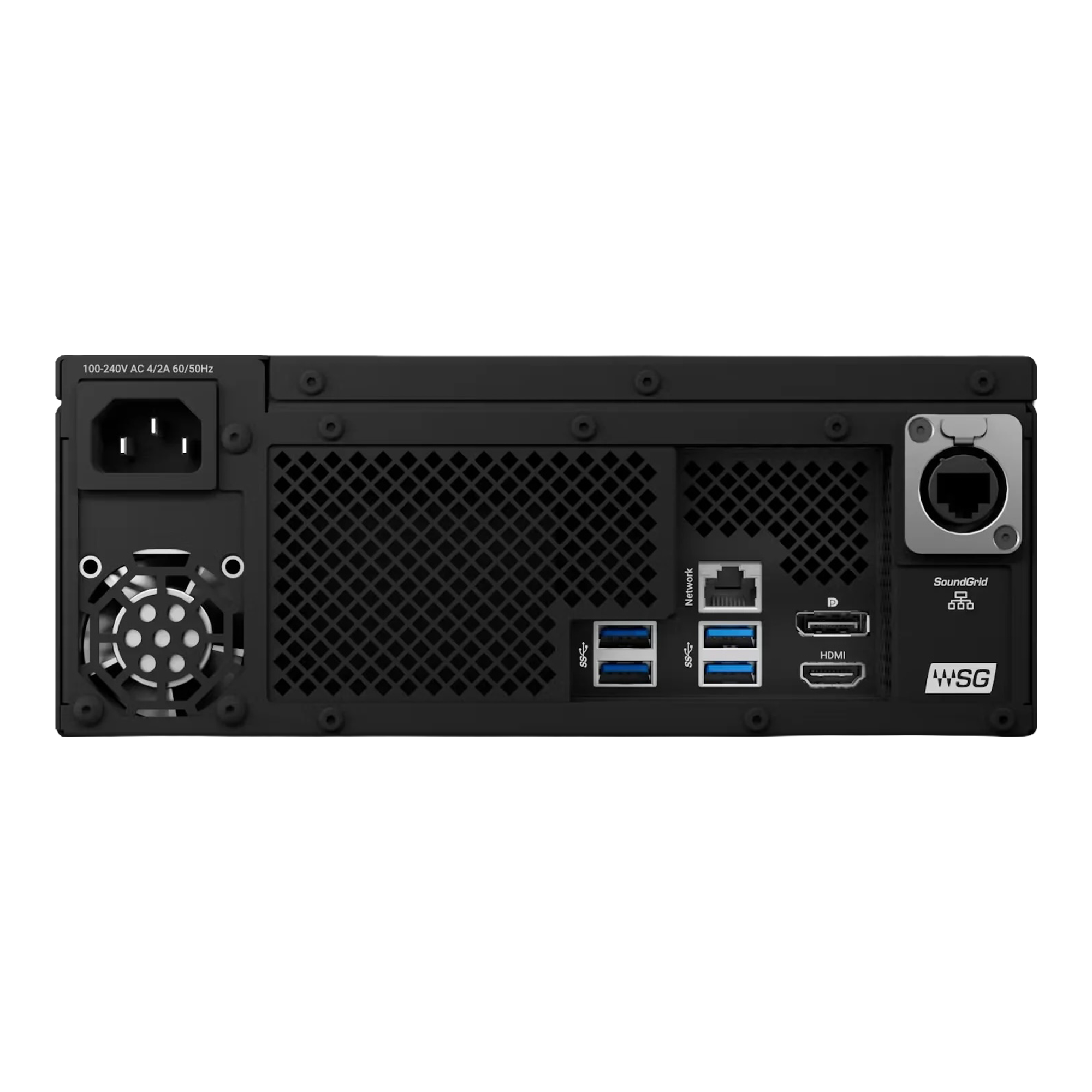 Waves Axis Scope rear panel with SoundGrid ethernet USB HDMI and DisplayPort connections