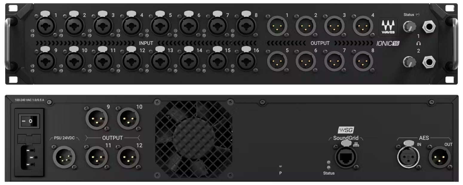 Waves Ionic 16 SoundGrid stagebox front view with 16 mic preamps and 12 outputs