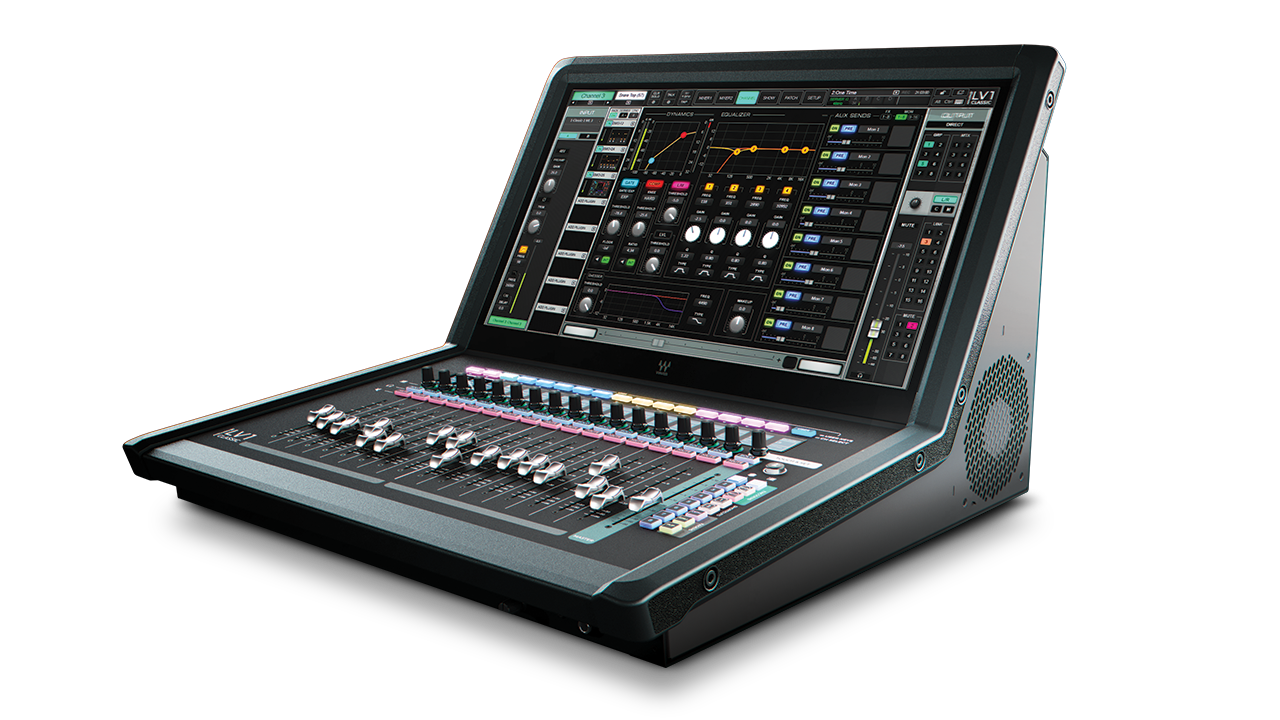 Waves LV1 Classic digital mixer angled view showing control surface and touchscreen