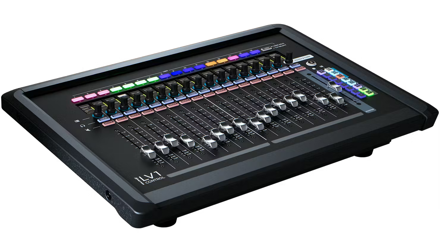 Waves LV1 Control fader bank angled view showing motorised faders and LCD displays
