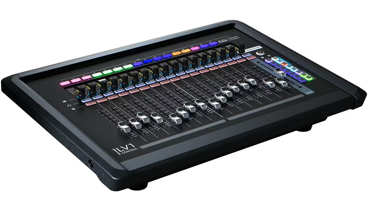 Waves LV1 Control fader bank angled view showing motorised faders and LCD displays
