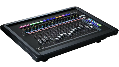 Waves LV1 Control fader bank angled view showing motorised faders and LCD displays
